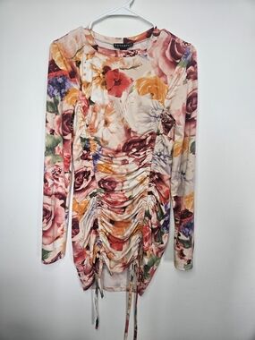 REVAMPED Long Sleeve Floral Ruched Bodycon Dress Drawstring Hem Size M